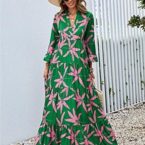 SHEIN Green and Pink Floral Maxi Dress NWOT Size Medium